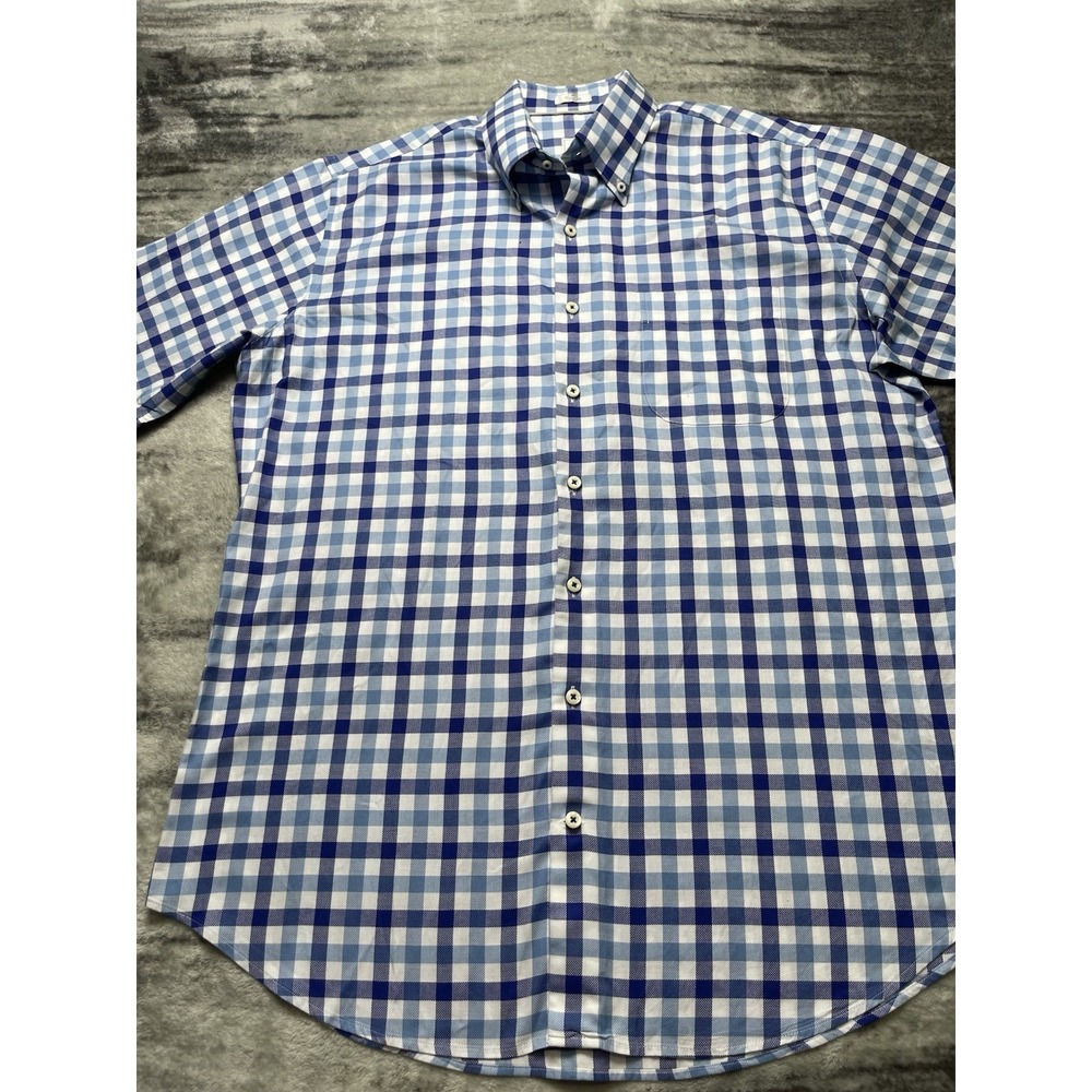 Peter Millar Crown Men's Large Gingham Plaid Short Sleeve Button Dwn Blue Shirt - Picture 2 of 7